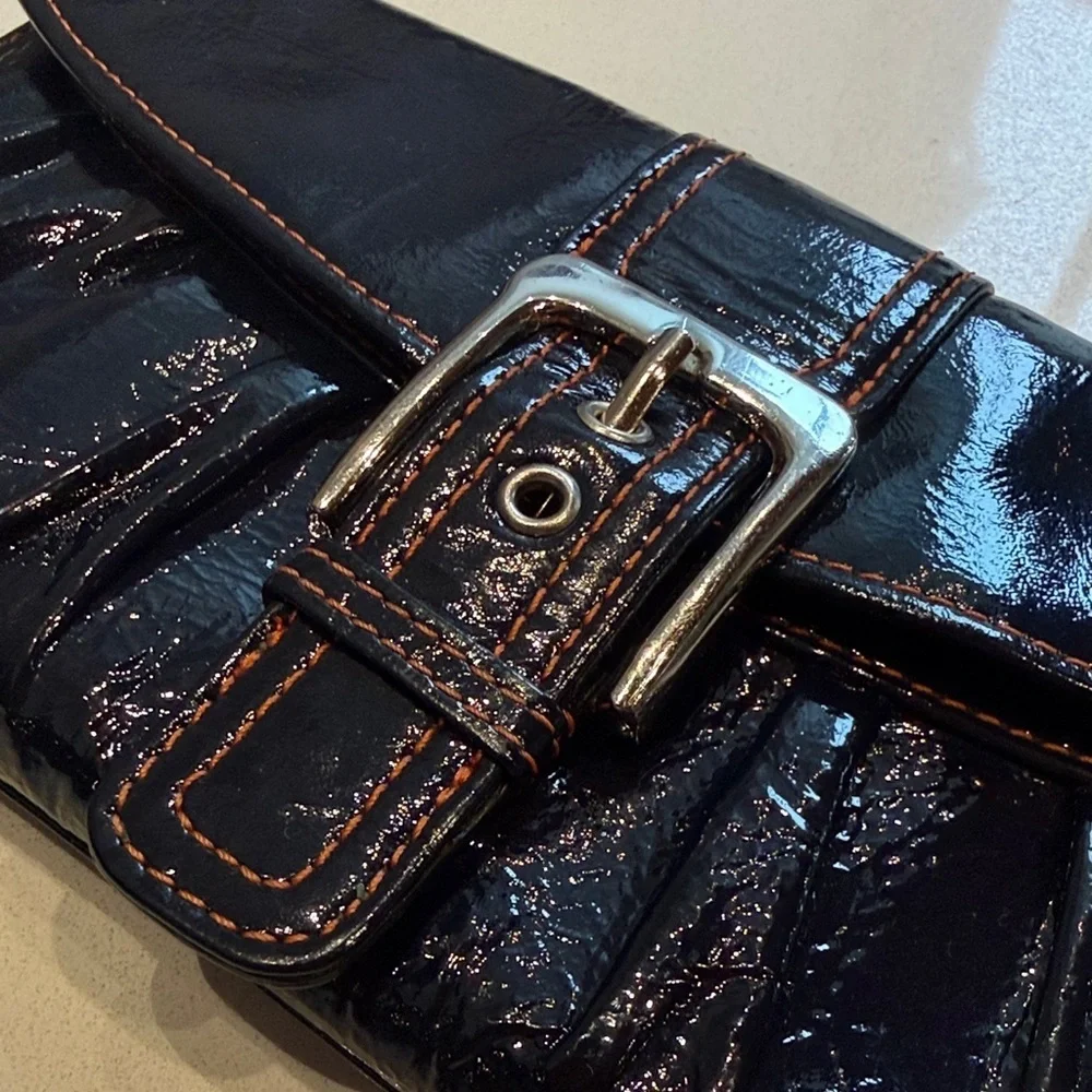 L. Erickson Trifold Envelope Style Patent Leather Black Clutch with Buckle